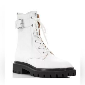 Stuart Weitzman Ultra Lug Buckle White Leather Combat Boots - NWT